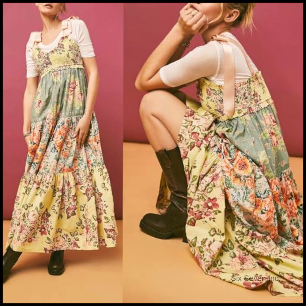 Polyester Floral Maxi Dress Smocked Bodice Tie Shoulder Pockets Boho - Picture 6 of 6